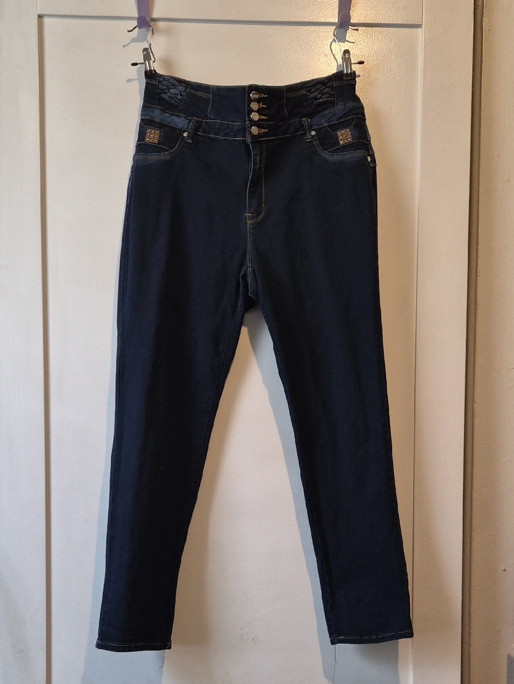 High-Rise Dark Blue Women’s Jeans with Multi-Button Waistband